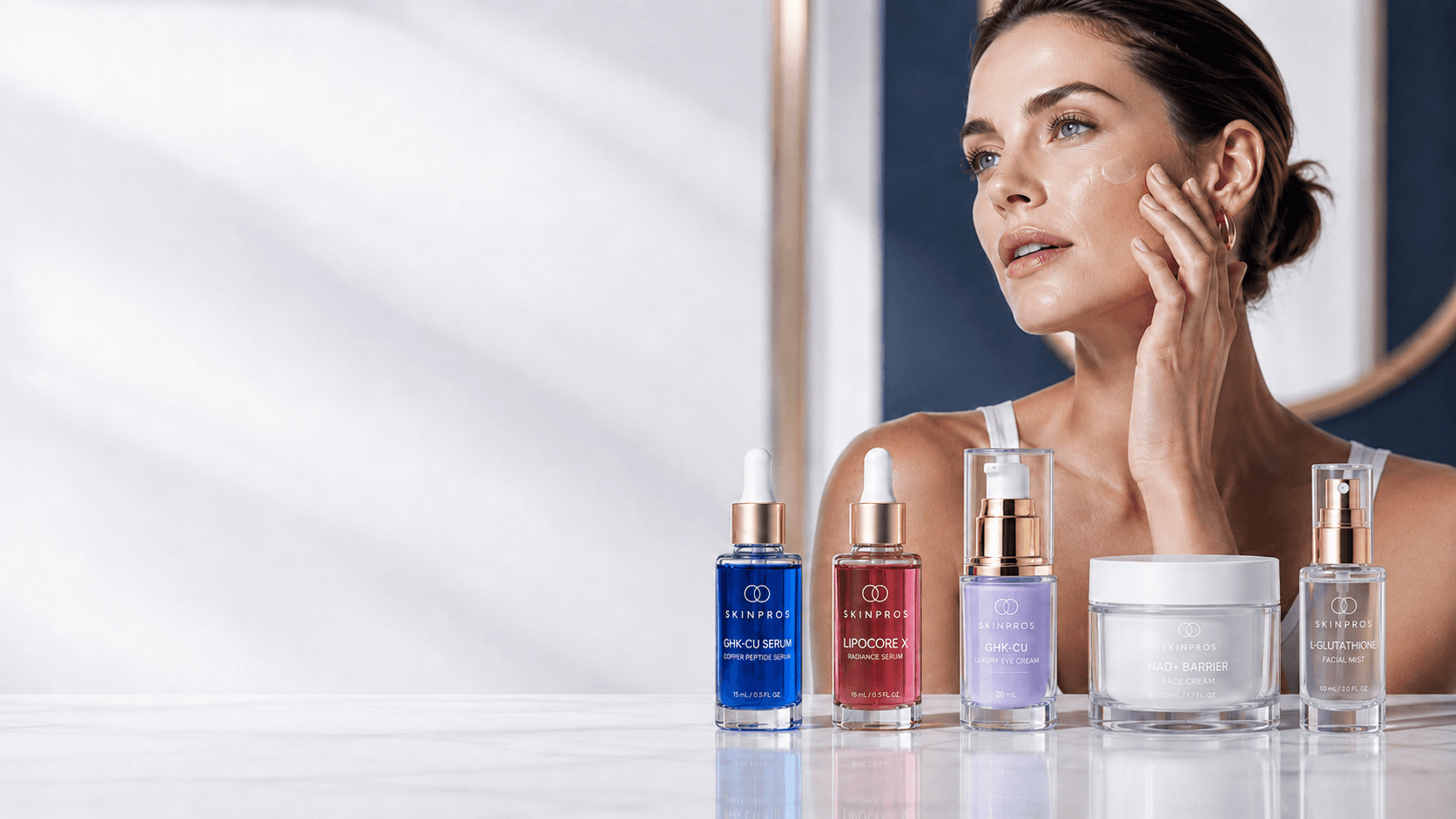 SkinPros five-step peptide skincare system with GHK-Cu serum, Lipocore X serum, eye cream, barrier cream and facial mist, with a model applying formula in a bright clinical-luxury setting