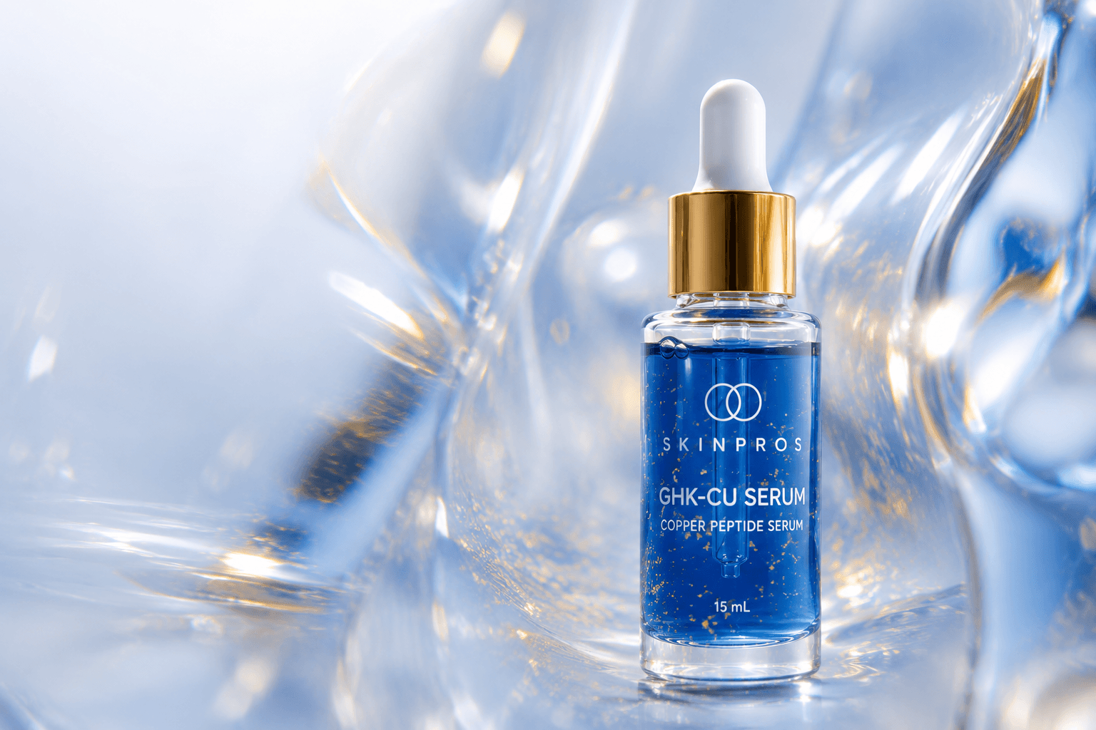 SKINPROS GHK-Cu Serum, copper peptide serum in a clear glass dropper bottle with a gold collar, against a softly blurred blue and champagne background