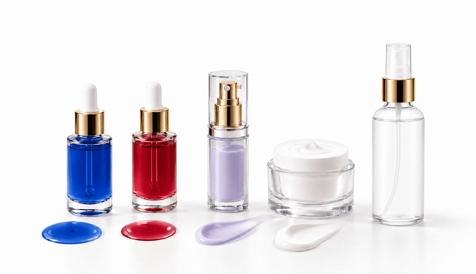 The complete SKINPROS five-formula system: GHK-Cu Serum, Lipocore X, GHK-Cu Luxury Eye Cream, NAD+ Barrier Face Cream, and L-Glutathione Facial Mist, shown together with their formula colors