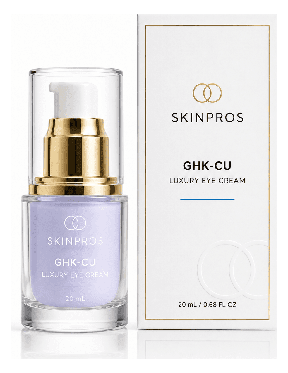 SKINPROS GHK-Cu Luxury Eye Cream, lavender pump bottle with gold collar next to its retail box