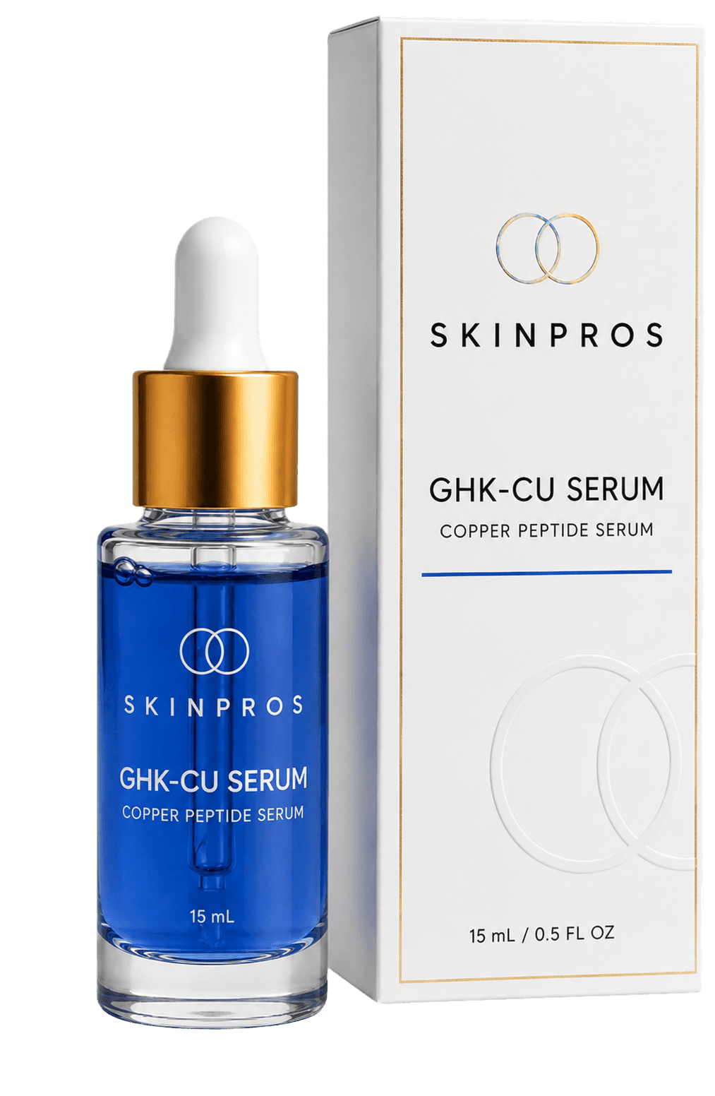 SKINPROS GHK-Cu Serum, Copper Peptide Serum, blue glass dropper bottle with gold collar next to its retail box