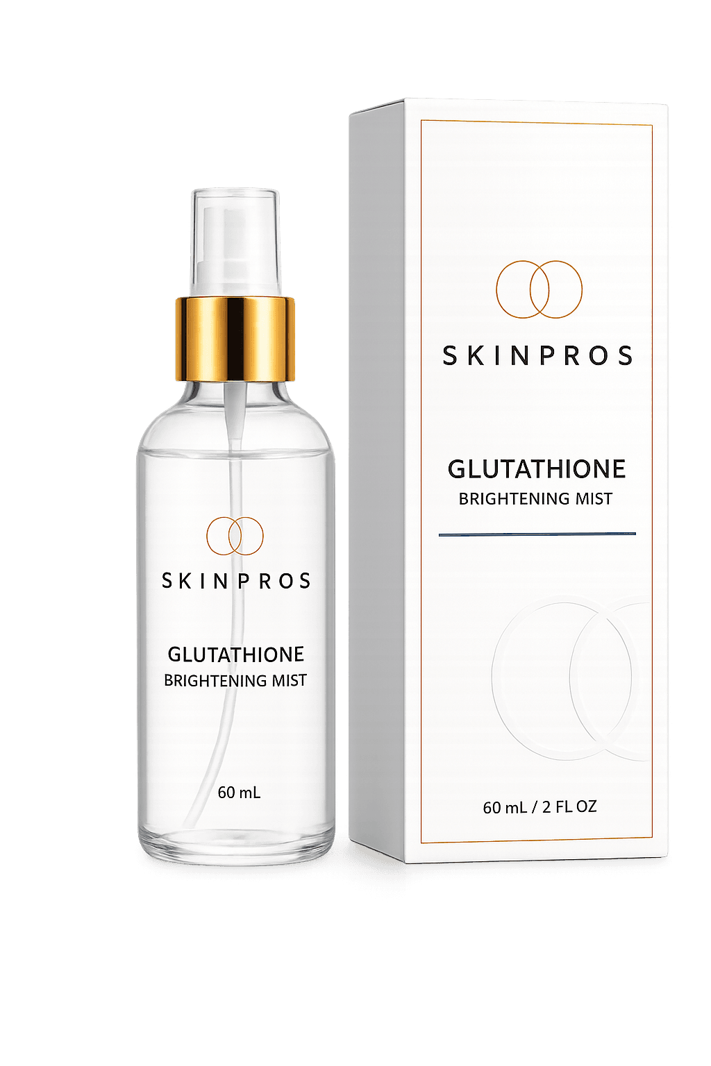 SKINPROS L-Glutathione Facial Mist, clear glass spray bottle with gold collar next to its retail box