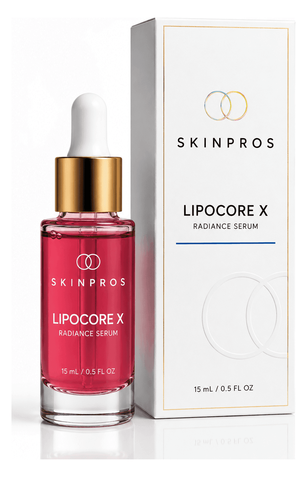 SKINPROS Lipocore X Radiance Serum, red glass dropper bottle with gold collar next to its retail box