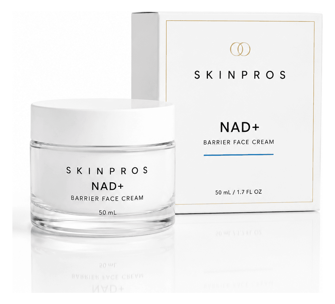 SKINPROS NAD+ Barrier Face Cream, glass jar with white lid next to its retail box