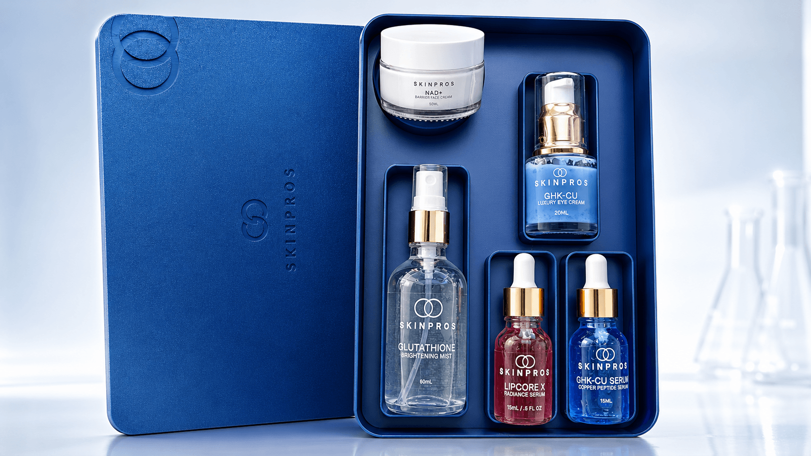 The SKINPROS Complete System in its navy case: GHK-Cu Serum, Lipocore X, GHK-Cu Luxury Eye Cream, NAD+ Barrier Face Cream, and Glutathione Brightening Mist